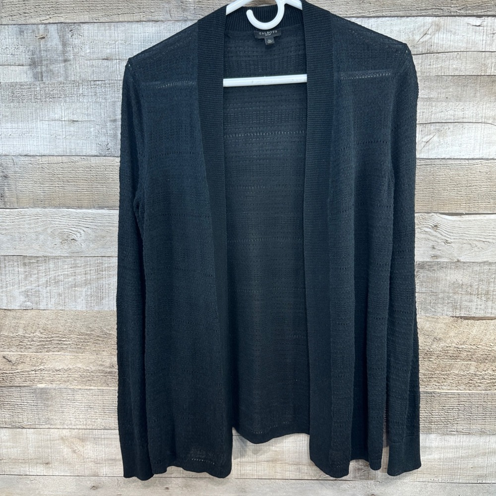 Talbots‎ Petites Black Knit Open Front Cardigan Sweater SP Viscose Cotton Blend